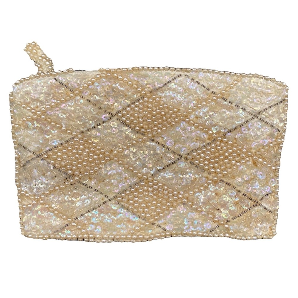 Vintage La Regale Beaded Sequin Evening Bag Coin Purse Diamond Pattern Pearl